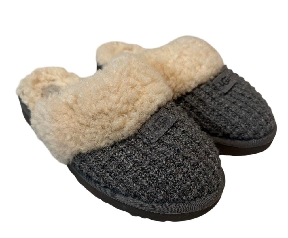 UGG Womens Cozy Knit Charcoal Gray Slippers Size 8 Genuine Sheepskin Indoor